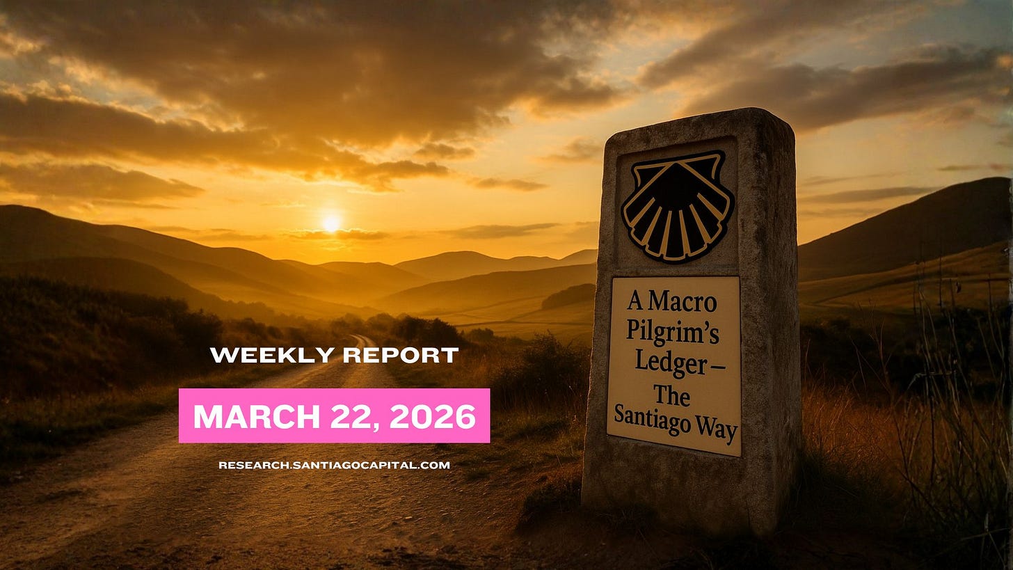 Stone pilgrim marker on Santiago Way path at golden sunset with weekly report overlay Stone pilgrim marker on Santiago Way path at golden sunset with weekly report overlay