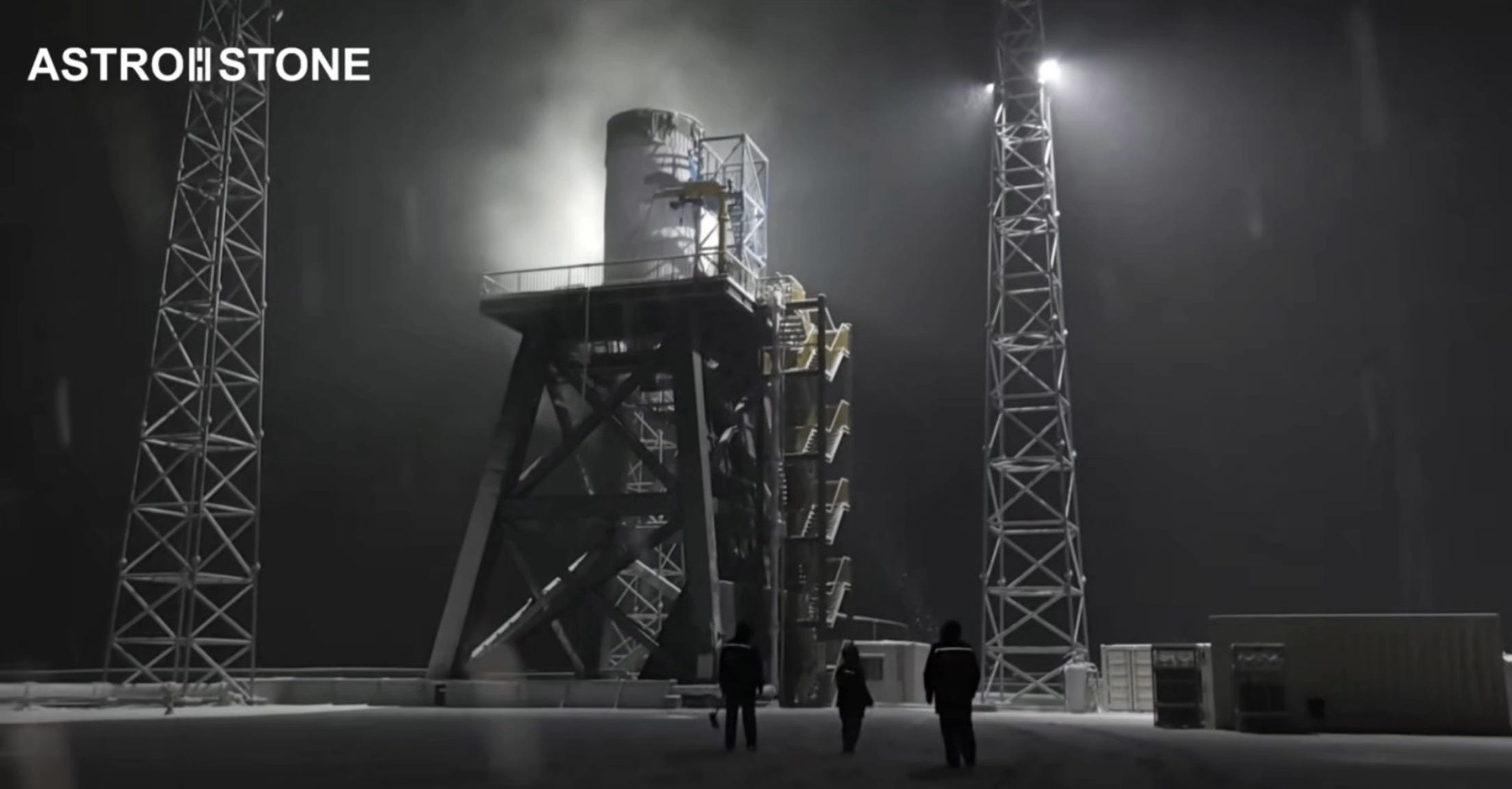 Astronstone’s AS-1 second-stage on Deep Blue Aerospace’s test stand in December 2025.