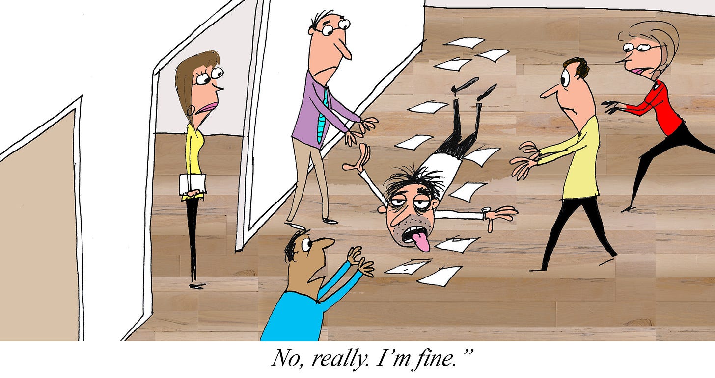 Cartoon of an exhausted ISTP (Virtuoso) office worker collapsed on the floor with papers scattered around while coworkers rush toward him, with a caption saying, “No, really. I’m fine.”