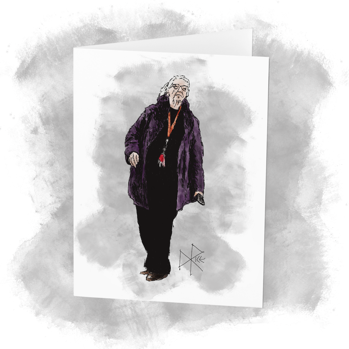 An elder woman walking while wearing a plum purple parka. Her keys are on a lanyard around her neck. Sketch art by Don Rice. An elder woman walking while wearing a plum purple parka. Her keys are on a lanyard around her neck. Sketch art by Don Rice.