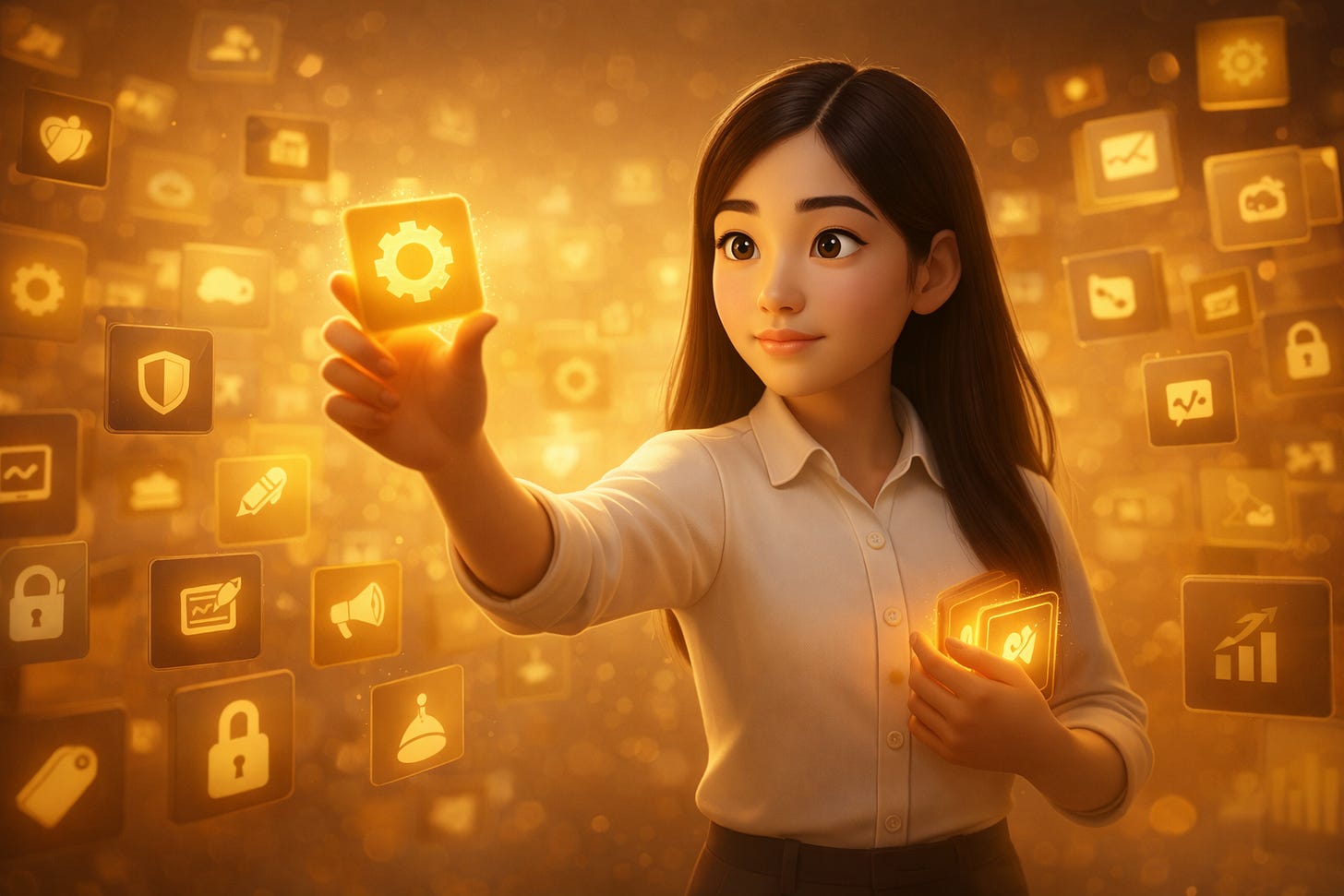 Pixar-style 3D illustration of Jenny Ouyang from Build to Launch reaching for a glowing plugin card among dozens of floating plugin panels with distinct icons, holding a small curated stack of chosen plugins, representing testing and selecting from the Claude Code plugin ecosystem