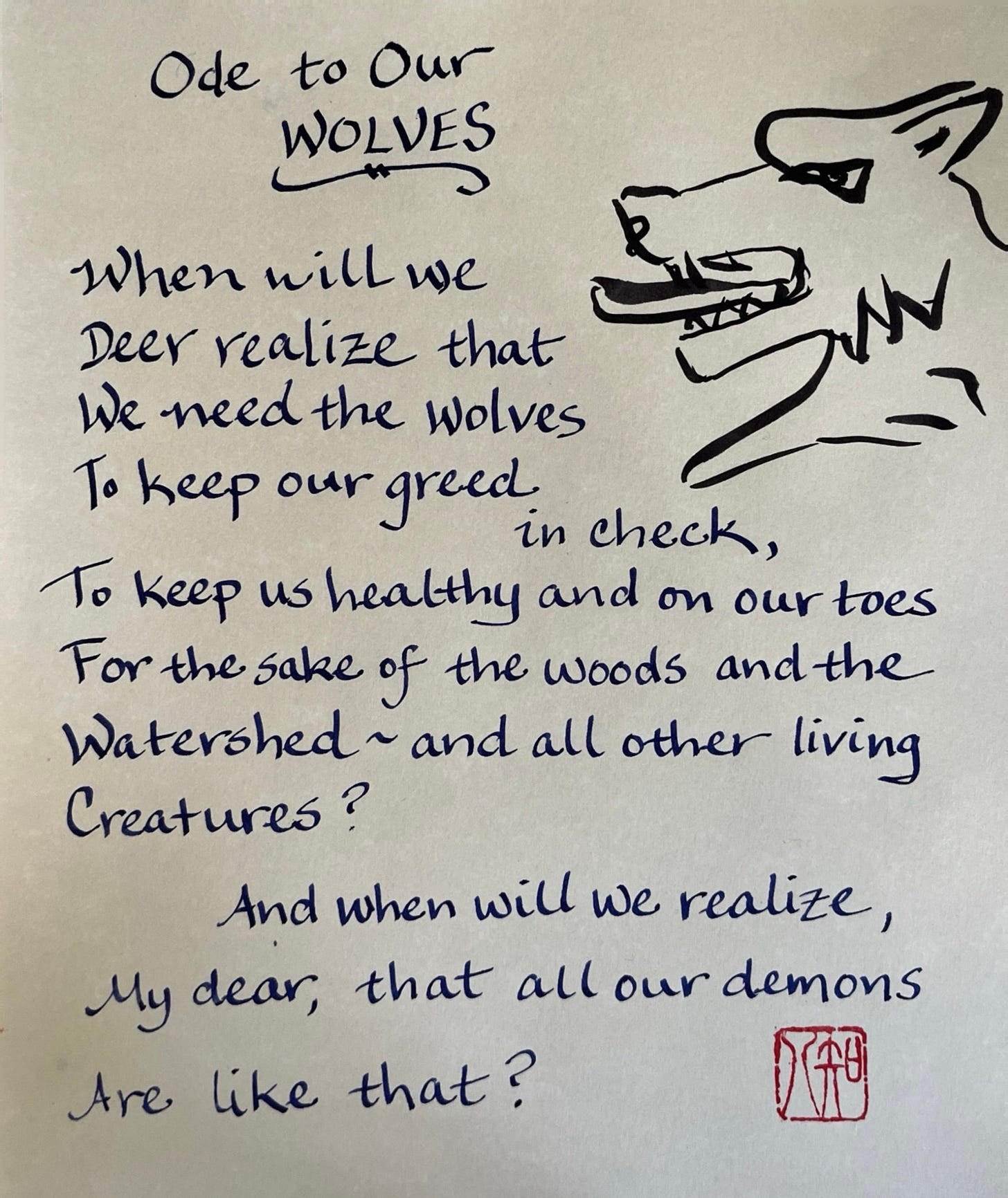 drawing of a wolf's head, tongue extended, as on a coat of arms, and handwritten text of poem as typed below...