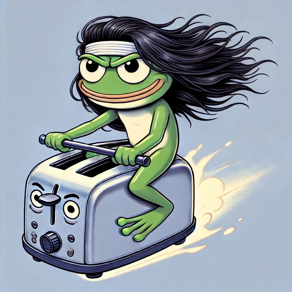 A cartoon-style anthropomorphic frog with long black hair and round glasses, smirking while riding a brave-looking small toaster with expressive eyes. The toaster appears determined, with a metallic body and a heroic stance, speeding forward on a light blue background.