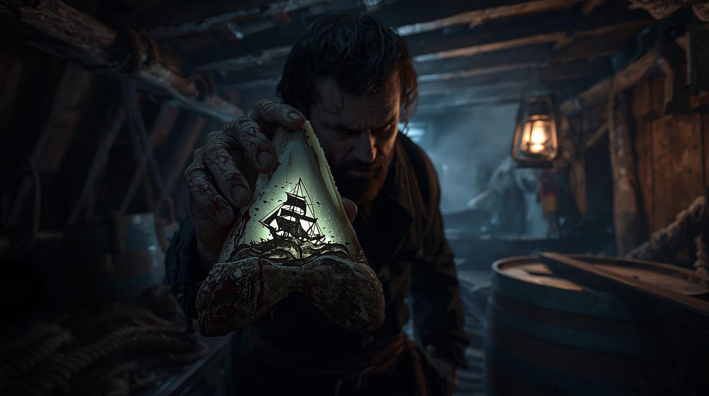 A haunted 19th-century whaler holds a glowing whale tooth engraved with a shipwreck scene inside a dark ship’s hold, lit by a lantern, showing supernatural maritime horror and a cursed carving that predicts disaster.