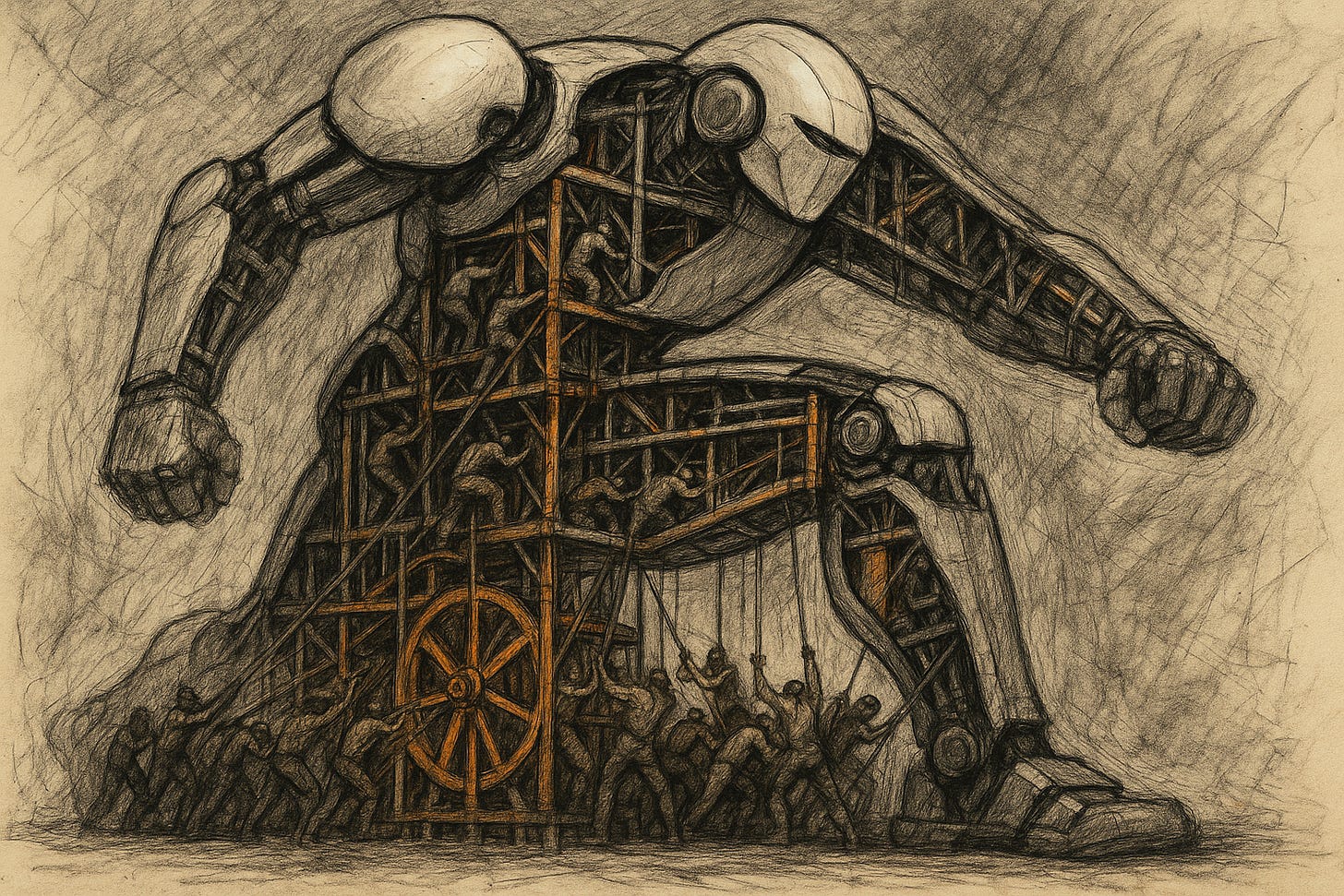 A hand-sketched, cross-section drawing of a giant futuristic robot. The interior is revealed to be a complex system of wooden scaffolding and gears, manned by dozens of human workers manually pushing and pulling to make the machine move. A hand-sketched, cross-section drawing of a giant futuristic robot. The interior is revealed to be a complex system of wooden scaffolding and gears, manned by dozens of human workers manually pushing and pulling to make the machine move.