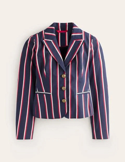 A red, white, and pink silk blouse and a navy blazer with red and white stripes. A long sleeve, long length mesh dress with multicolor squares.