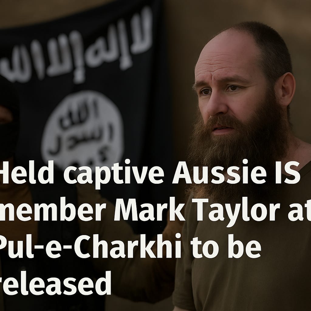 A dramatic front-page news illustration showing Pul-e-Charkhi prison in Kabul with a shadowy figure representing Mark Taylor (Abu Abdul-Rahman), a New Zealand ISIS fighter, standing behind prison bars. The background features a map of Afghanistan with highlighted regions in the northeast and north, symbolizing militant redeployment. Include subtle flags of New Zealand and Australia in the corners to indicate diplomatic concern. The overall tone should be serious and urgent, suitable for a breaking news cover.