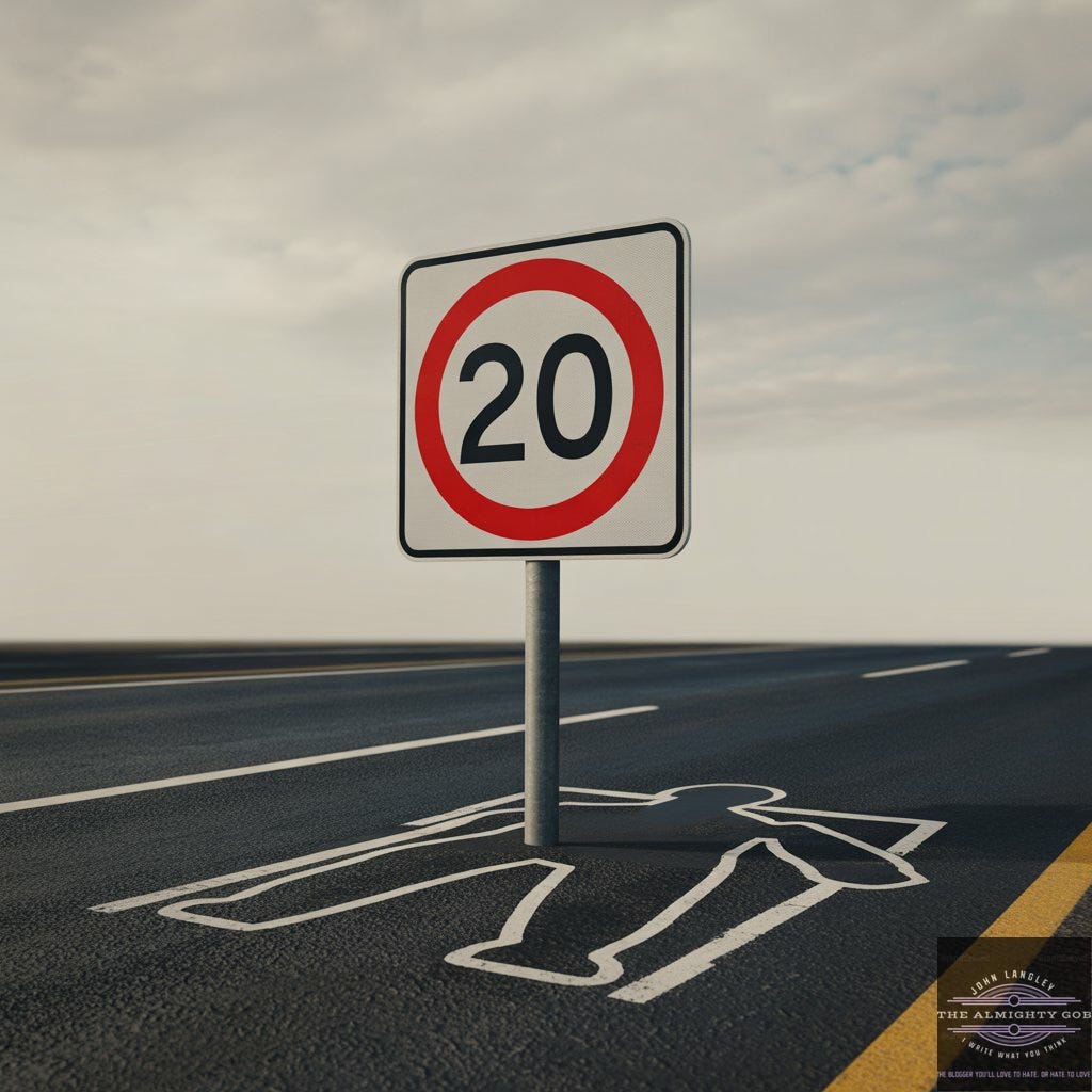 A 20mph speed limit road sign mounted on a grey metal post on a freshly tarmacked road, with a white chalk crime scene body outline drawn on the road surface directly beneath the post. A yellow road marking line is visible to the right. The sky is overcast and grey. The road is empty.