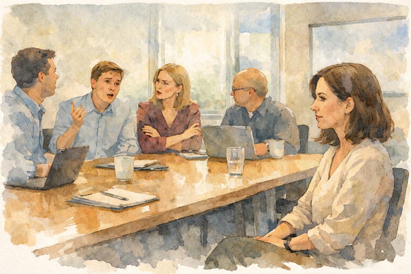 Woman quietly observing a workplace discussion, showing sensitivity and awareness of group dynamics. Woman quietly observing a workplace discussion, showing sensitivity and awareness of group dynamics.
