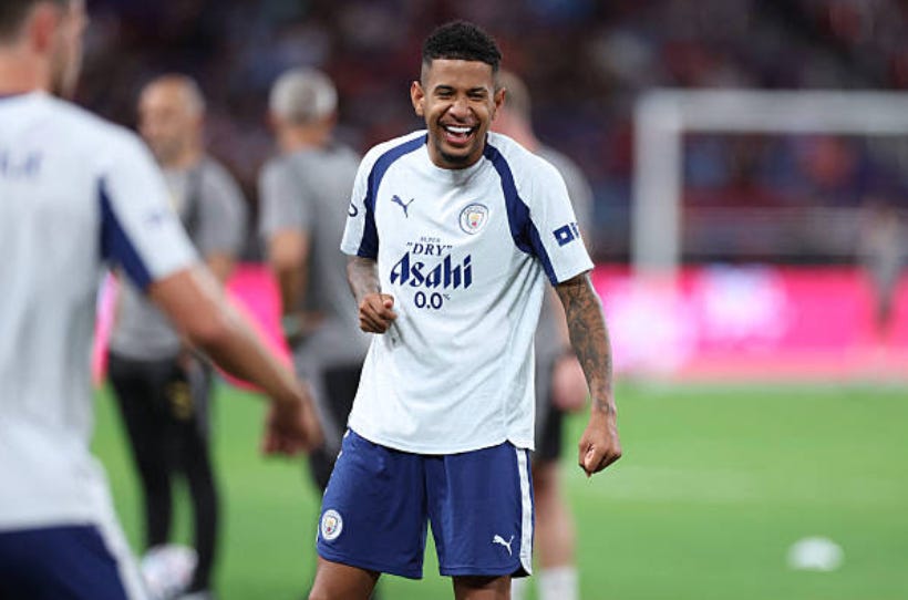 Manchester City's midfielder Savinho (C) reacts during the open training ahead of their friendly football match against Inter Milan for the Asahi Super Dry Trophy at Kai Tak Stadium in Hong Kong on July 31, 2026. (Photo by May JAMES / AFP via Getty Images)