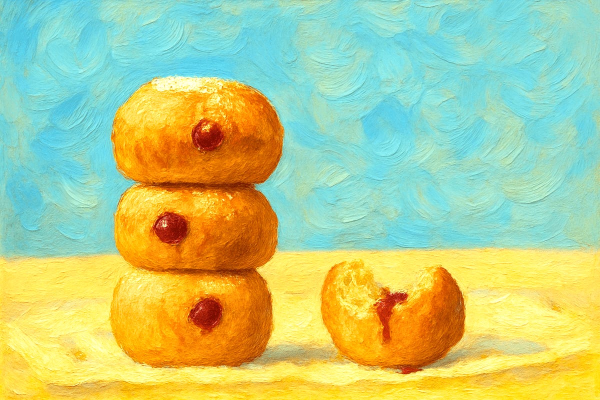 A stack of three small jam-filled doughnuts, with a fourth doughnut on its side next to them, showing a bite taken out. A stack of three small jam-filled doughnuts, with a fourth doughnut on its side next to them, showing a bite taken out.