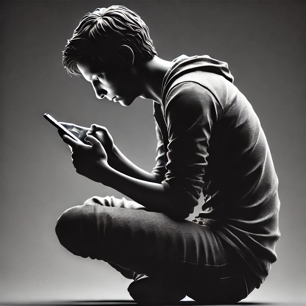 A young person with a hunched posture, obsessively looking at their smartphone. The individual appears deeply absorbed, with a slouched body and curved shoulders. The image is rendered entirely in black and white tones, giving it a stark, moody atmosphere. The focus is on the immersion in the phone, with shadows emphasizing the person's fixation and the solitude that comes with digital obsession.
