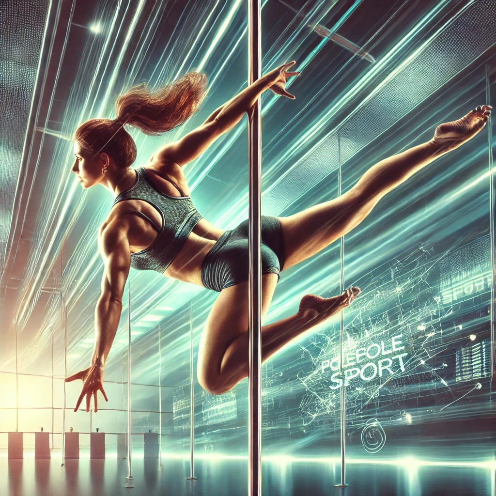 An artistic depiction of **Pole Sport**. A powerful female pole dancer showcases an advanced strength-based move, such as an iron X or handspring, demonstrating athleticism, control, and precision. She wears a professional sports outfit—tight shorts and a sports bra—optimized for grip and movement. The background features a bright, professional training studio or competition stage, emphasizing a structured and disciplined environment. The focus is on clean technique, dynamic movement, and physical strength, making it distinct from other pole dance styles.