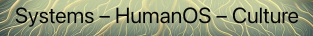 Text on an abstract background reads "Systems – HumanOS – Culture". Text on an abstract background reads "Systems – HumanOS – Culture".