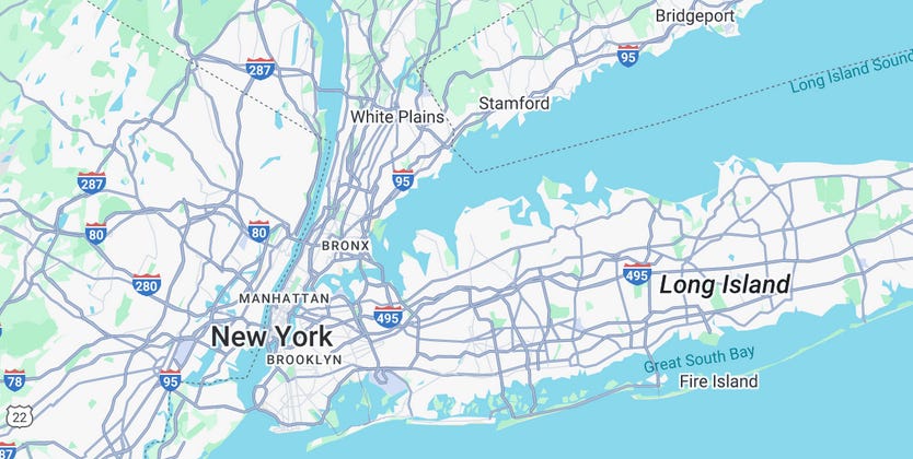 Google Map showing how close Connecticutt and Long Island were to each other.