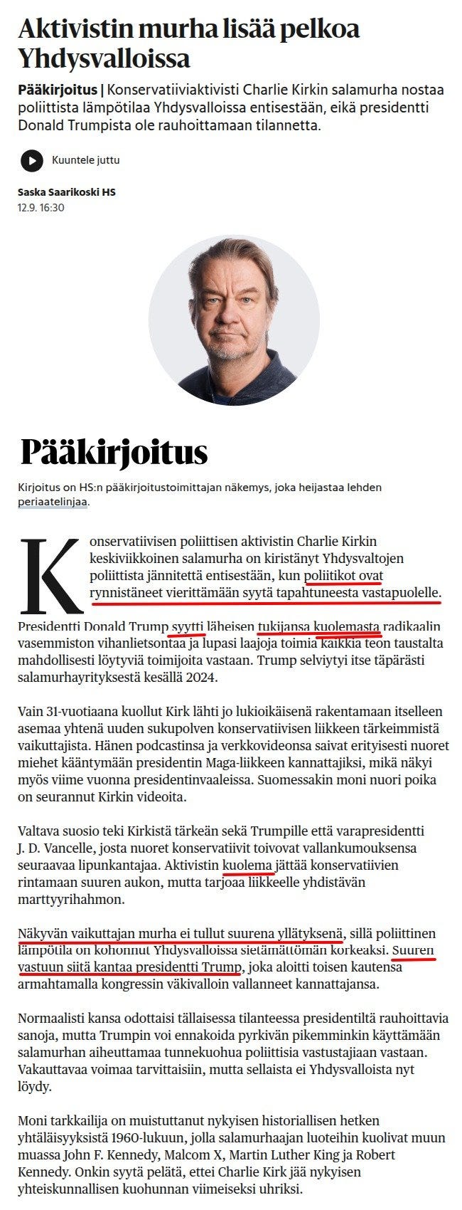 A newspaper article page with a photo of Donald Trump. The text includes headlines and body text in Finnish, with the name "Donald Trump" visible. The article features a large letter "K" at the start of the main text.