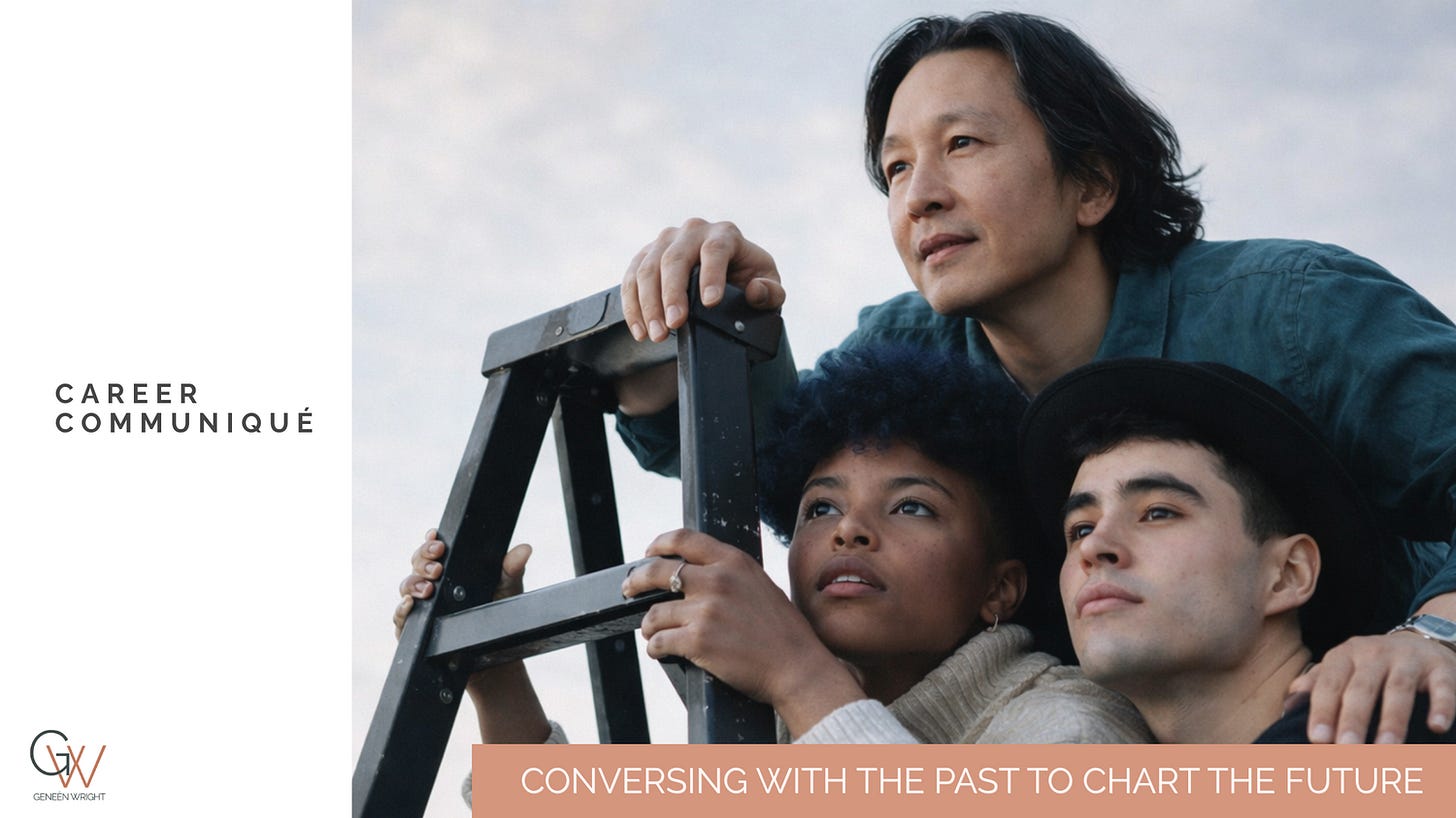 Three professionals of different generations and backgrounds stand together outdoors, holding a ladder and looking upward, symbolizing stalled career progression and shared uncertainty in the modern labor market.