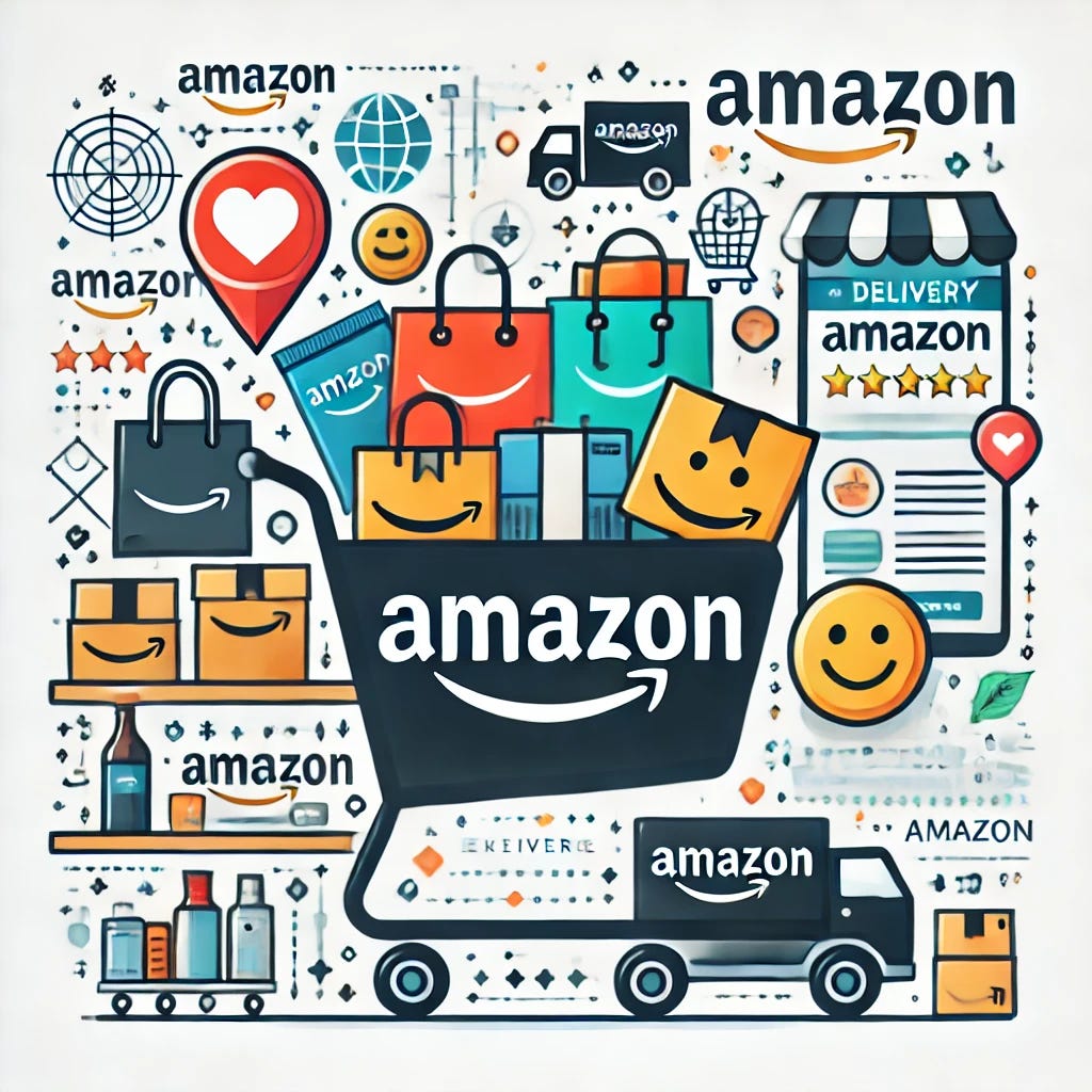 An illustration highlighting Amazon's customer-centric approach, featuring a shopping cart filled with diverse products and symbols of customer satisfaction, such as a smiley face and delivery truck. The background includes Amazon branding elements like the iconic arrow logo and a digital interface with product reviews and recommendations. The style is clean, modern, and professional.