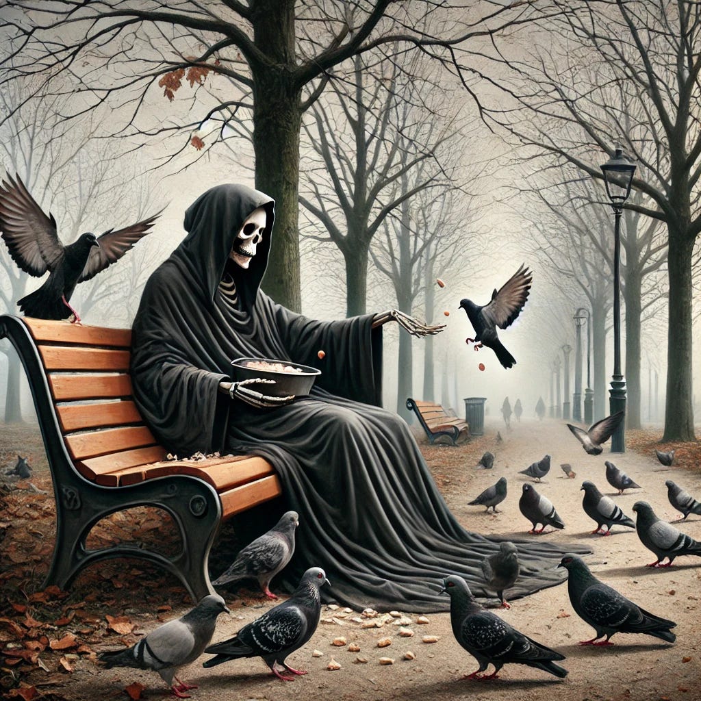 A surreal and artistic depiction of Death sitting on a park bench, dressed in a flowing black cloak with a skeletal face, throwing small pieces of bread to pigeons gathered around the bench. The scene is set in a quiet, slightly eerie park with leafless trees, a misty atmosphere, and a peaceful yet somber tone. The pigeons are animated and unafraid, adding a whimsical contrast to Death's presence. The colors are muted, with shades of gray, black, and subtle earth tones dominating the palette.