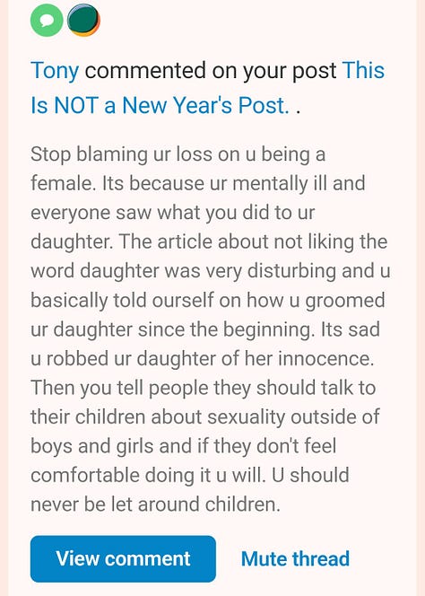 Screen Caps of unhinged comments on substack posts