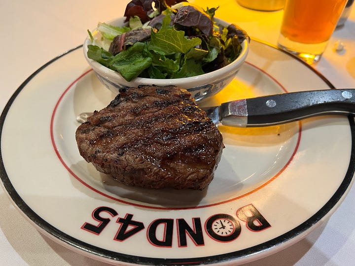 A photo of a steak and a photo of chocolate mousse