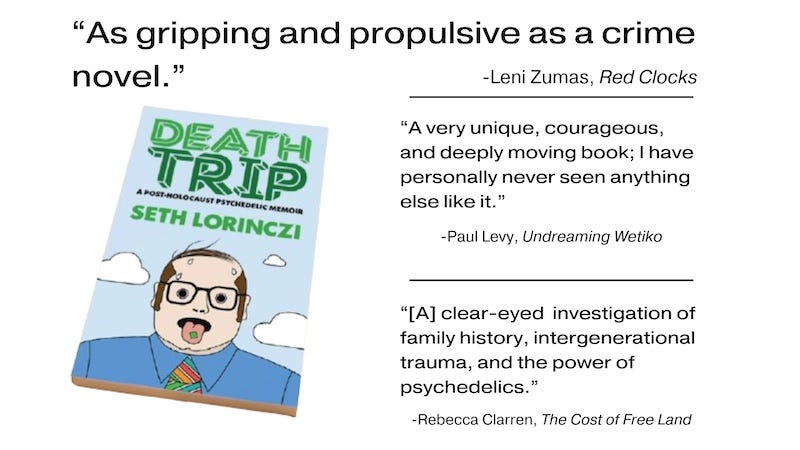 Banner advertisement for the book "Death Trip" by Seth Lorinczi.
