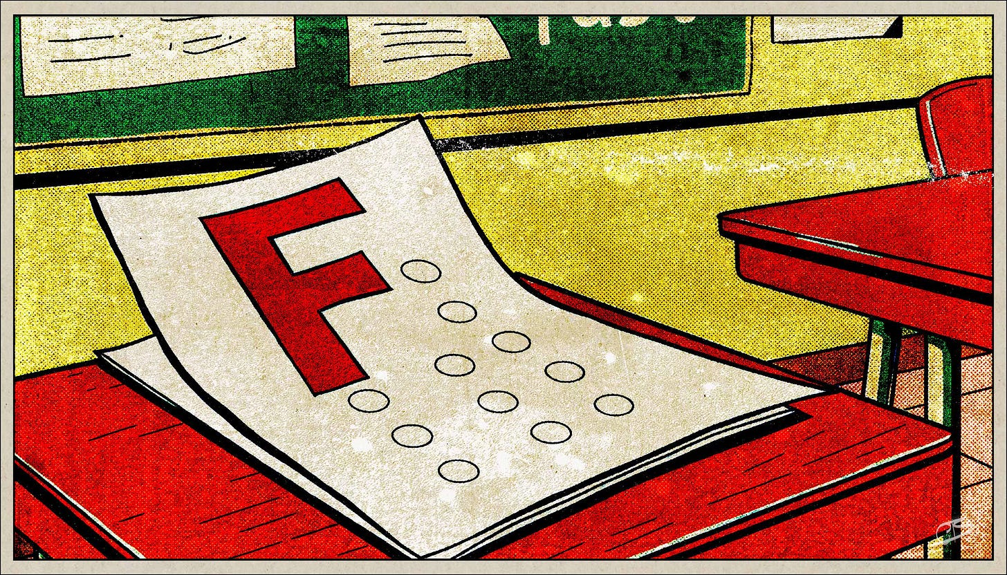 test on desk with an F grade