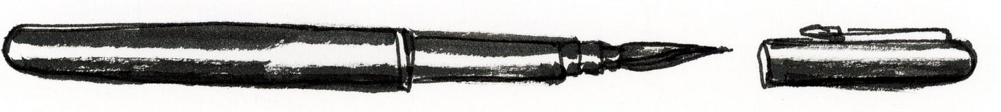 Black and white ink drawing of a brush pen by graphic novelist K. Woodman-Maynard. 