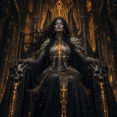 Amber Temple Clarion seated upon her obsidian-and-molten-gold throne, towering angular-faced divine feminine figure with long raven-black hair lifted by supernatural wind, steel-blue blazing eyes, relic-bone and blackened silver armor with pulsing amber runes, throne hall of obsidian carved from god-bone and molten amber light, fully original face