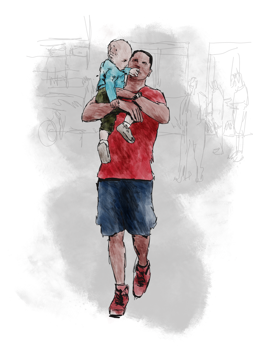While being carried, a baby squirms in a man’s arms and uses full strength to push a hand into the man’s face. Sketch art by Don Rice. While being carried, a baby squirms in a man’s arms and uses full strength to push a hand into the man’s face. Sketch art by Don Rice.