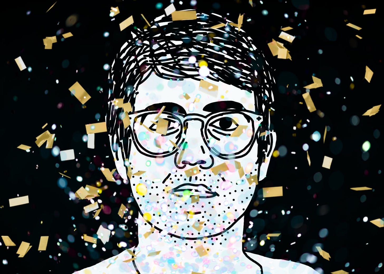 A black line drawing of Alex, the protagonist of "I Hear You Watching." He is white, short messy parted hair, glasses. He stares straight at you, unsmiling. He has a five-o’clock shadow and bags under his eyes. A burst of confetti in colorful glitter and flecks of gold is bursting into his face.