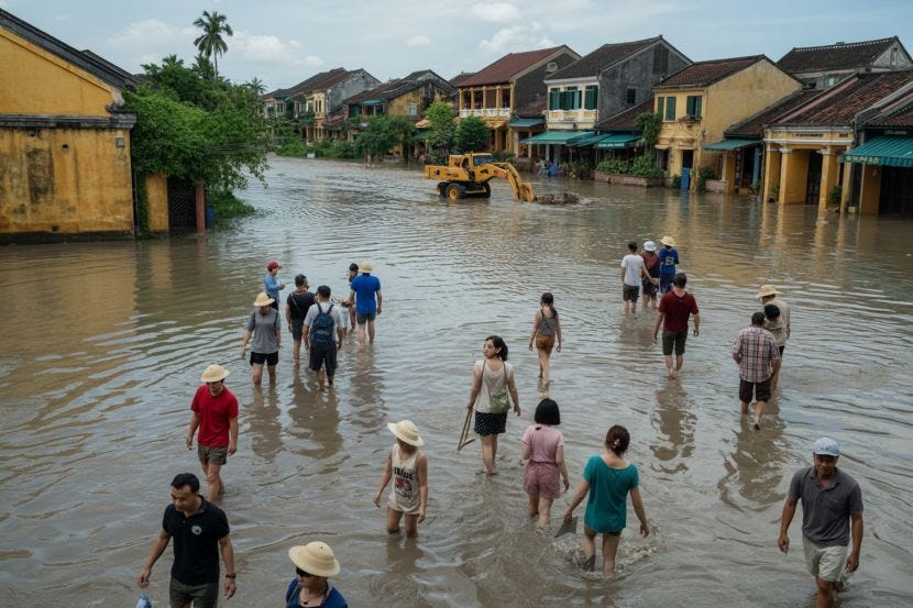 People wading through knee-deep floodwater on a street in central Vietnam, with historic yellow shopfronts in the background and an excavator working to clear debris.