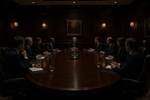 Dark board room, with people sitting around an oval desk. Gateway experience Patterning visual image