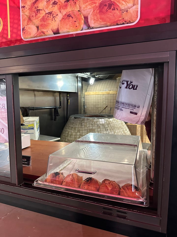 David ordering samsa as a box of lepyoshka is carried out of the bakery; the tandir oven