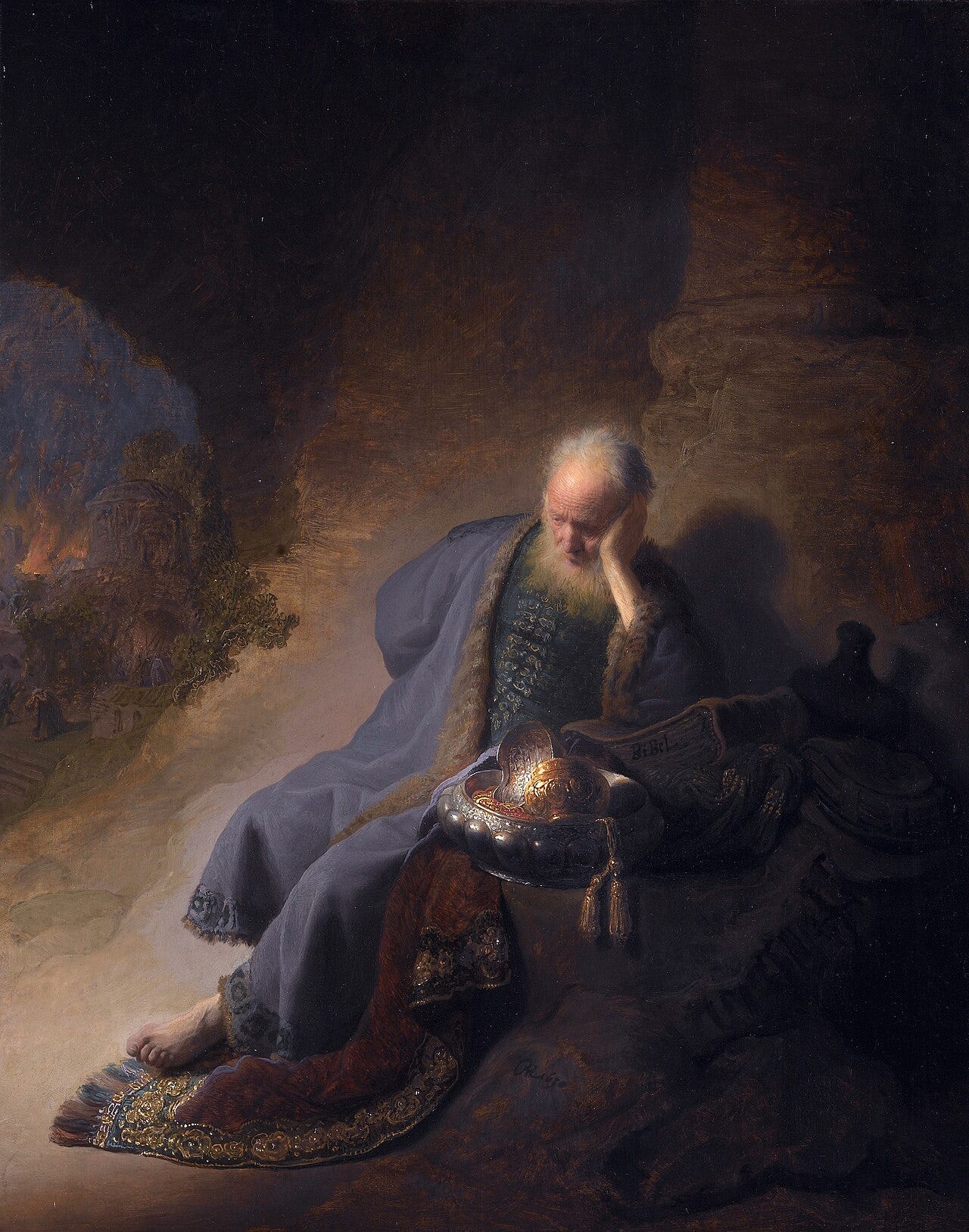 An old prophet slumps in grief, head on his hand, as a city burns in the darkness behind An old prophet slumps in grief, head on his hand, as a city burns in the darkness behind