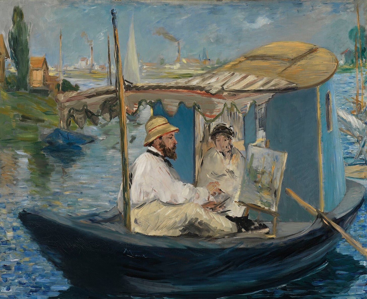 Édouard Manet, Monet Painting on His Studio Boat, 1874. Neue Pinakothek, Munich. Édouard Manet, Monet Painting on His Studio Boat, 1874. Neue Pinakothek, Munich.