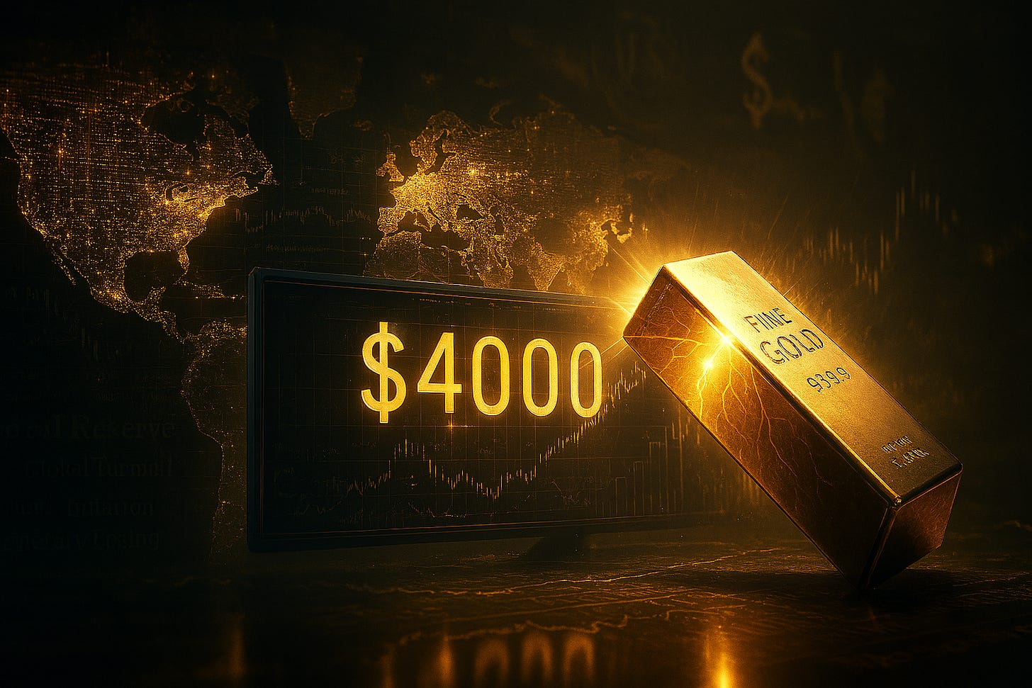 A high-resolution, realistic financial illustration showing a gold bar glowing with radiant light as it breaks through a $4,000 price threshold displayed on a digital trading screen. In the background, a world map made of golden data lines symbolizes global markets and central bank activity. The scene conveys financial power, stability, and historic achievement, with subtle reflections of charts, currency symbols, and rising graphs on the surfaces. The color palette should include deep black, gold, and muted metallic tones, evoking sophistication and gravity. The atmosphere should feel monumental — representing gold’s historic rally, safe-haven appeal, and investor confidence amid global uncertainty. Add subtle visual hints of Federal Reserve imagery, global stock tickers, and a faint overlay of newspaper headlines referencing inflation, geopolitics, and monetary easing — to evoke the theme of global turmoil and trust in gold. Dimensions: 1920x1080 pixels Style: Realistic, cinematic lighting, high-contrast, premium financial editorial tone. Mood: Monumental, sophisticated, stable, historic.