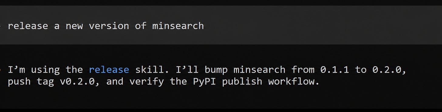 A request to release minsearch prompts the coding agent to load the release skill and prepare version 0.2.0