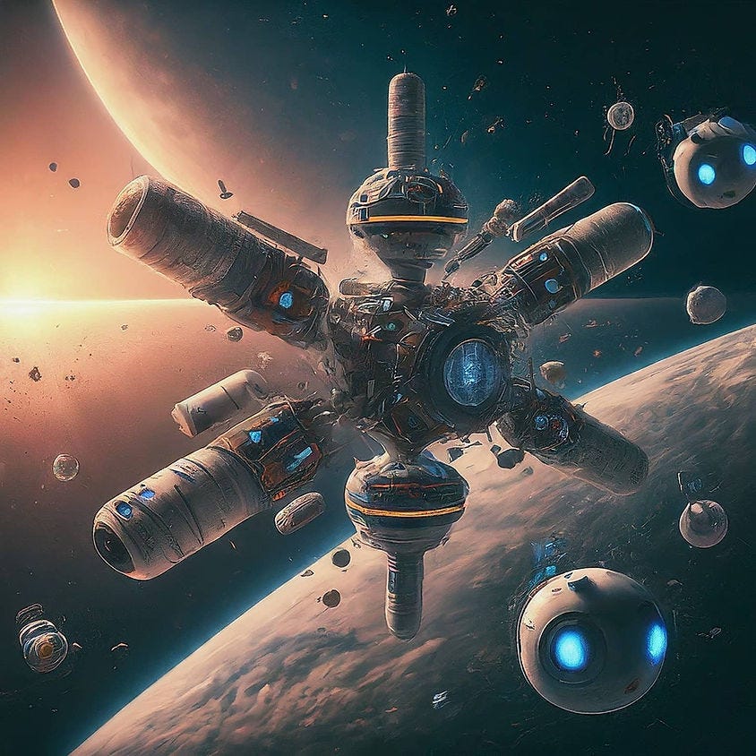 Imaginary space station with friendly robots