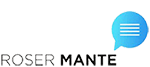 #descrevemospravocê  A imagem exibe o logotipo da marca ROSER MANTE. À esquerda, o nome ROSER está escrito em letras maiúsculas pretas, com traços modernos e o interior das letras levemente apagado, o que pode causar confusão na leitura à primeira vista. A palavra MANTE aparece logo abaixo, em letras maiúsculas menores, também na cor preta. À direita do texto, há um balão de fala azul com três linhas brancas horizontais no centro, simbolizando texto escrito ou comunicação. O logotipo sugere uma identidade visual voltada para áreas de diálogo, tecnologia, informação ou redes sociais.