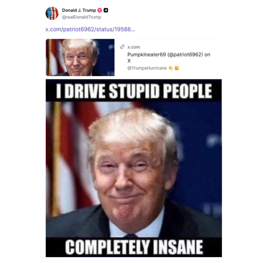 The image is a meme featuring Donald J. Trump. The top part of the image shows a screenshot of a tweet from Donald J. Trump's account with the text "I DRIVE STUPID PEOPLE COMPLETELY INSANE". Below the tweet, there is a photo of Donald Trump with the same text overlaid on the image. The background of the photo includes an American flag. The image is a meme featuring Donald J. Trump. The top part of the image shows a screenshot of a tweet from Donald J. Trump's account with the text "I DRIVE STUPID PEOPLE COMPLETELY INSANE". Below the tweet, there is a photo of Donald Trump with the same text overlaid on the image. The background of the photo includes an American flag.