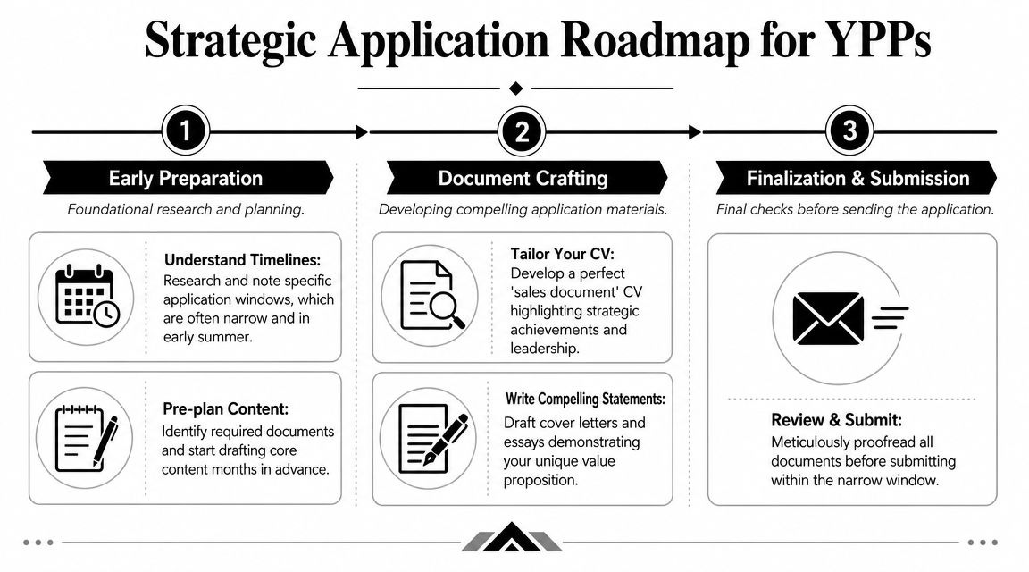 A strategic three-step roadmap infographic for young professional program applications including preparation, document crafting, and submission. A strategic three-step roadmap infographic for young professional program applications including preparation, document crafting, and submission.