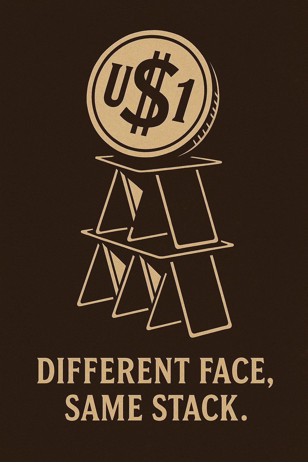 Different Face Same Stack Creator Human is TJ Baden's Substack and image Is of USD coin $1 in gold against Black while balanced on a step type ladder 