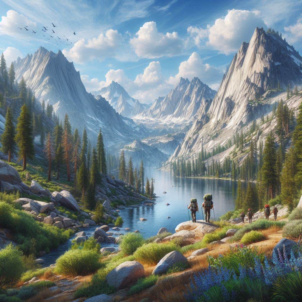 some geezers hiking in the trinity alps photorealistic