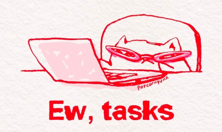 This may contain: a drawing of a cat laying on top of a laptop computer with the caption ew, tasks
