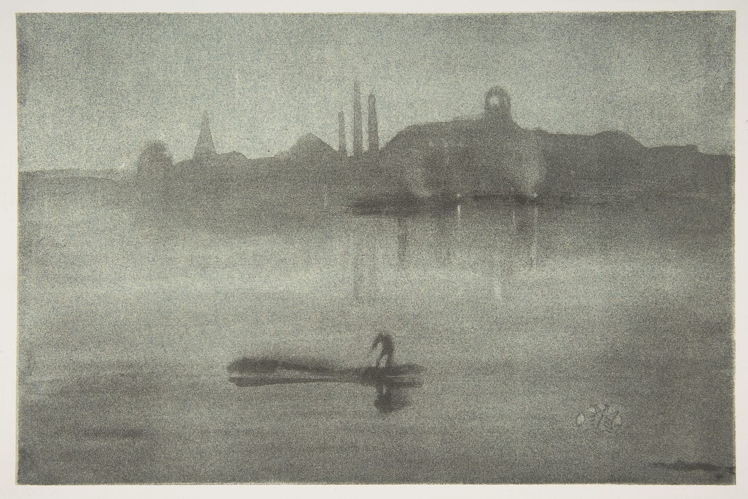 Nocturne (Nocturne: The Thames at Battersea), James McNeill Whistler (American, Lowell, Massachusetts 1834–1903 London), Lithotint with scraping on a prepared half-tint ground, printed in soft gray-black ink on pale blue laid chine mounted on ivory wove plate paper; second state of two (Chicago) Nocturne (Nocturne: The Thames at Battersea), James McNeill Whistler (American, Lowell, Massachusetts 1834–1903 London), Lithotint with scraping on a prepared half-tint ground, printed in soft gray-black ink on pale blue laid chine mounted on ivory wove plate paper; second state of two (Chicago)