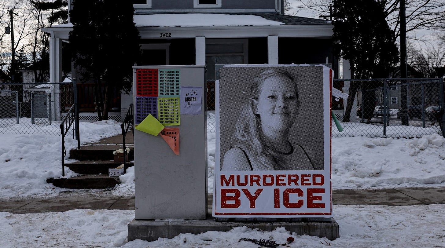 A sign opposing U.S. Immigration and Customs Enforcement (ICE) is displayed in the neighbourhood of the fatal shooting of Renee Nicole Good by an ICE agent, in Minneapolis, Minnesota