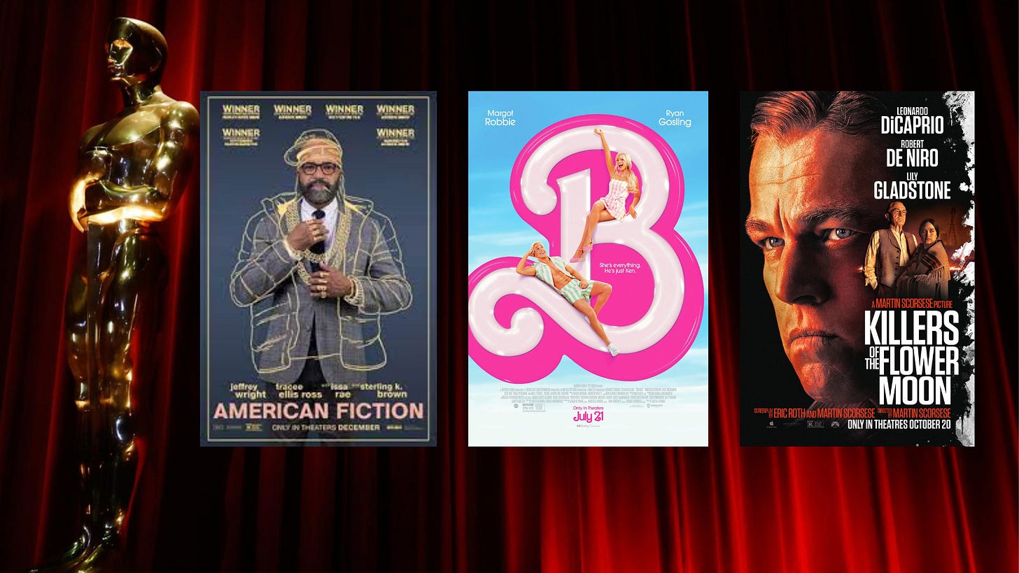 Oscar nominated movies 2024. American Fiction. Barbie. Fillers of the Flower Moon