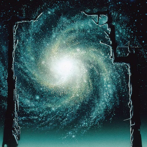 LEFT: Detail from TRANTORIAN DREAM featuring a man standing on a broken pillar staring over the ruins of Trantor to a brilliant spiral galaxy hanging in the sky. CENTER: Close detail from TRANTORIAN DREAM featuring a man standing atop a broken pillar in the ruins of Trantor. The artist's MW sigil can be seen worked into the wreckage in the immediate foreground. RIGHT: Close detail of the galactic spiral that spins out from a bright center of white and yellow to arms of white and green.