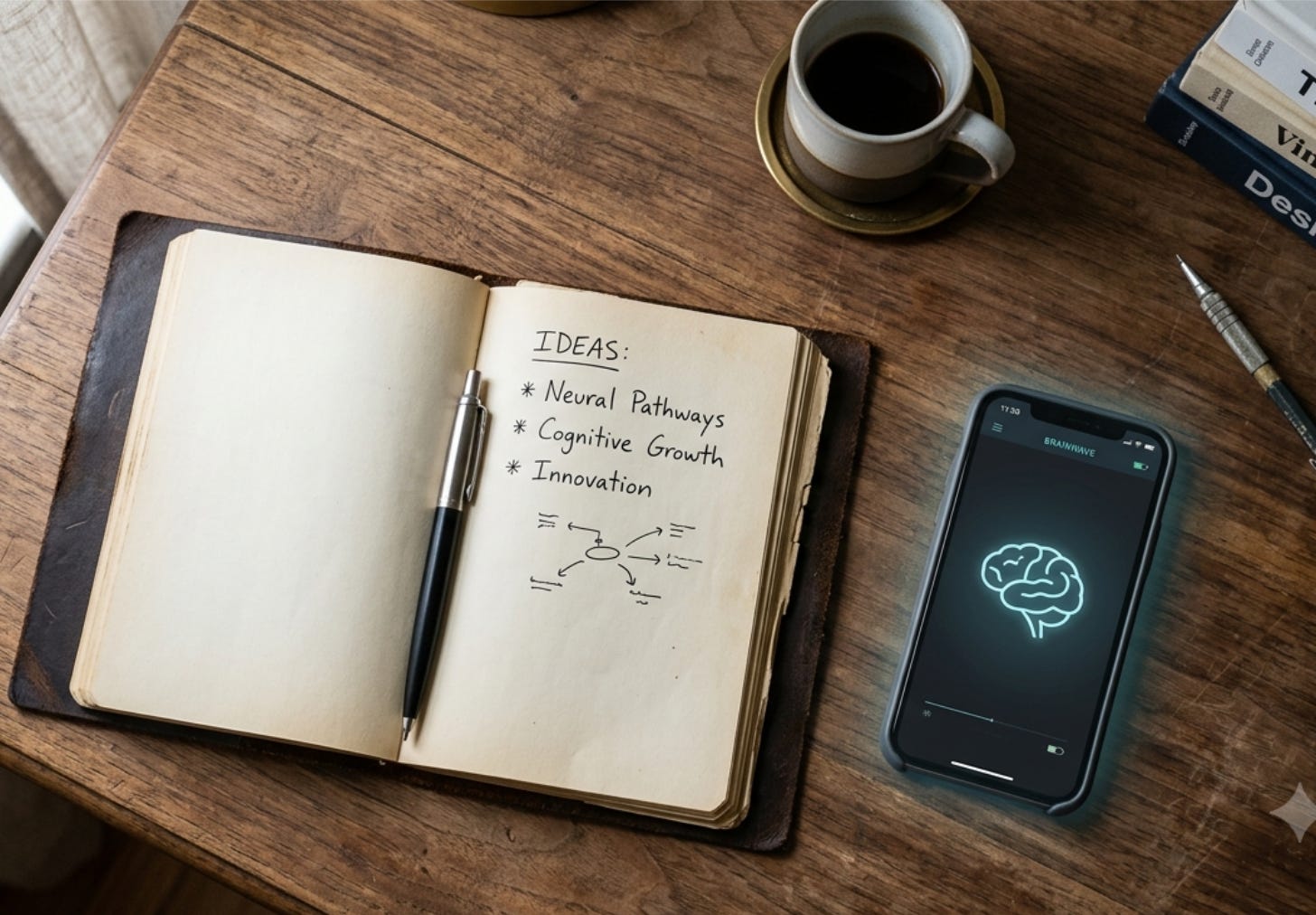 A close-up, top-down shot of a clean, vintage wooden desk featuring a dark-leather notebook lying open next to a modern smartphone displaying a minimalist line-art brain icon or subtle digital interface glow. A close-up, top-down shot of a clean, vintage wooden desk featuring a dark-leather notebook lying open next to a modern smartphone displaying a minimalist line-art brain icon or subtle digital interface glow.